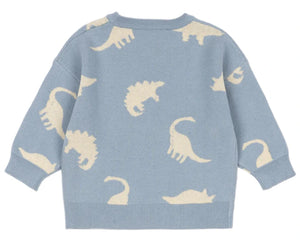 The Konges Slojd Baby Boys' and Boys' Lapis Knit Sweater features white dinosaur silhouettes on light blue, broad rib hems and neckline, and a relaxed fit for comfort and style.