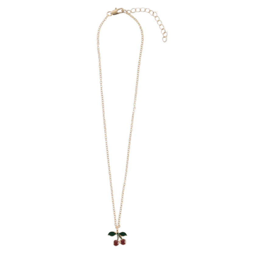 The Little Necklace Box by Konges Slojd features a gold chain with a cute cherry pendant—red cherries and green leaves—elegantly packaged in a velvet jewellery box.