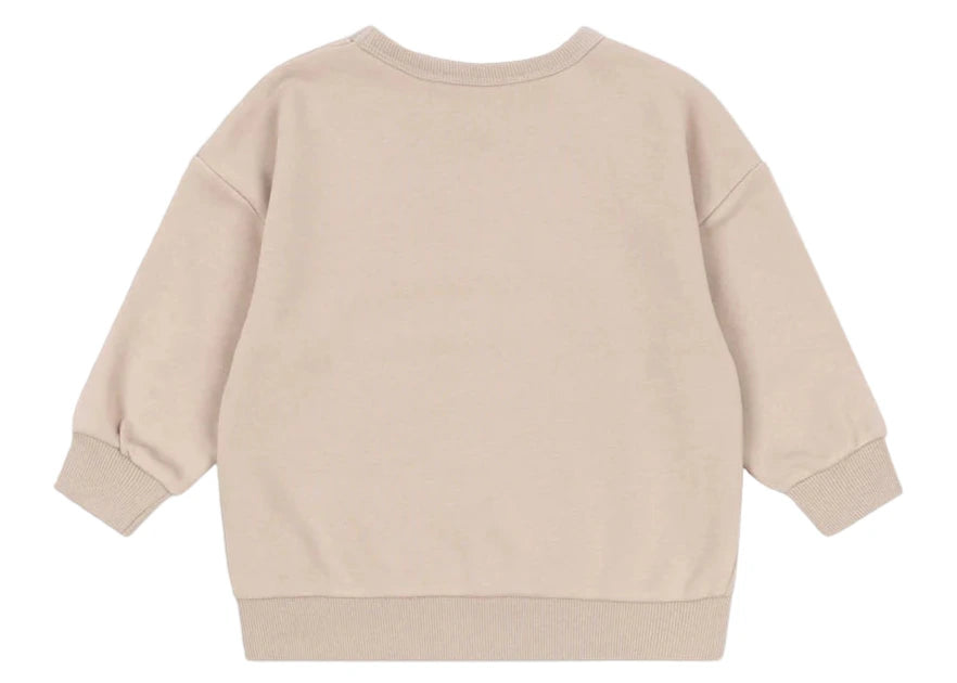 The Baby Boys' and Boys' Lou Sweat Shirt by Konges Slojd is shown from the back in beige, featuring ribbed cuffs, hem, and collar. Made from soft organic cotton for comfortable everyday wear.