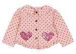 The Konges Slojd Baby Girls' and Girls' Nola Sequin Shirt Jacket features pink cotton twill, a small heart pattern, sequin heart patches on the front, button closure, and cute frill hems.
