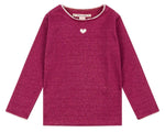 The Konges Slojd Baby Girls' and Girls' Roli Blouse is a long-sleeve, sparkly magenta lurex top featuring a small white heart on the chest and white trim on the collar and cuffs.