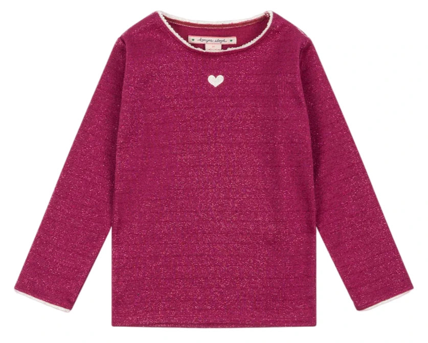 The Konges Slojd Baby Girls' and Girls' Roli Blouse is a long-sleeve, sparkly magenta lurex top featuring a small white heart on the chest and white trim on the collar and cuffs.