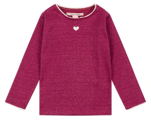 The Konges Slojd Baby Girls' and Girls' Roli Blouse is a long-sleeve, sparkly magenta lurex top featuring a small white heart on the chest and white trim on the collar and cuffs.
