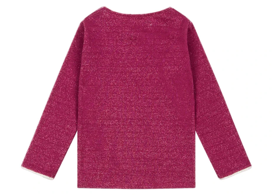 The Konges Slojd Baby Girls' and Girls' Roli Blouse is a sparkly pink lurex long-sleeve top, shown laid flat with the back side facing up.
