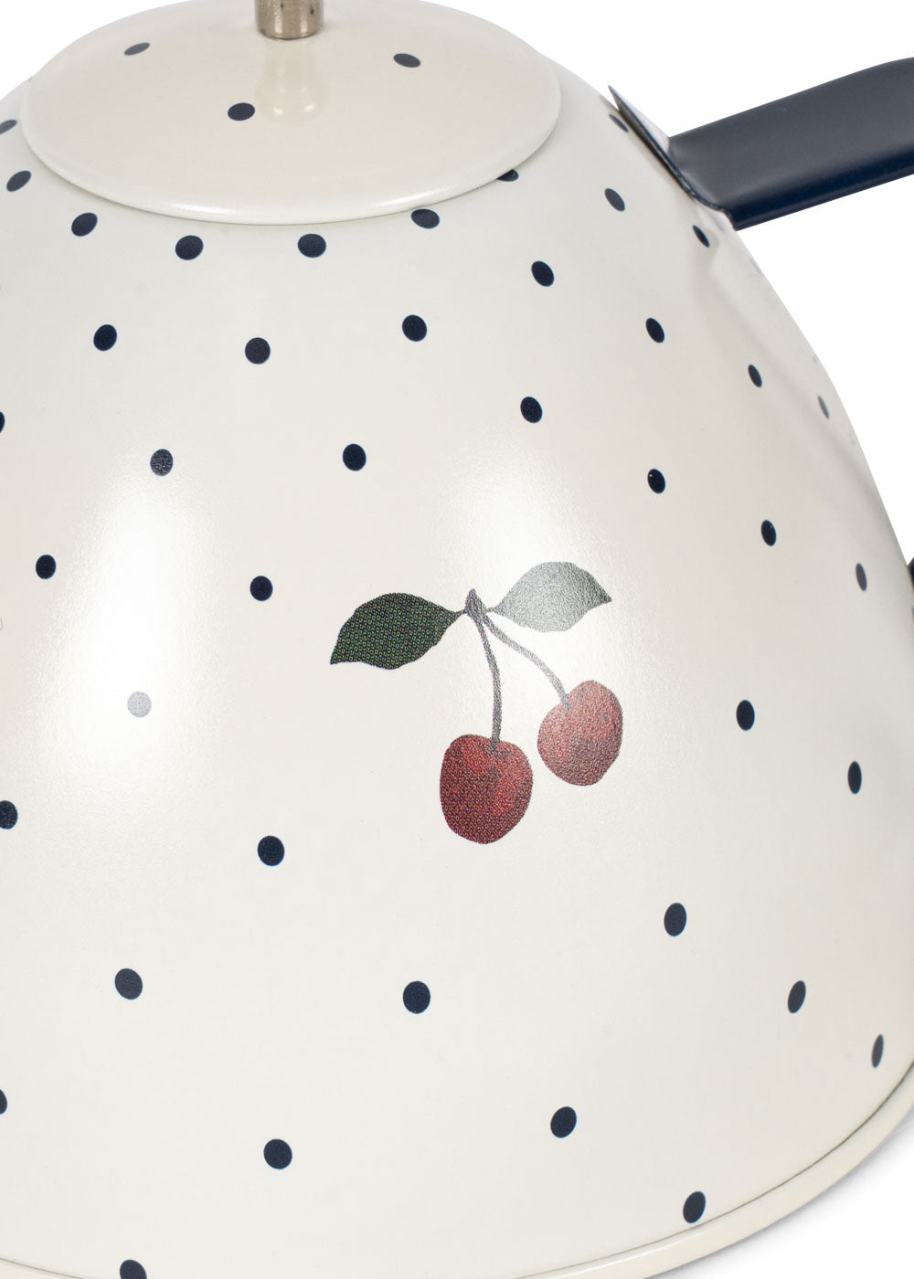 Cream-colored teapot from the Konges Slojd Blue Dot Tea Party Set, featuring small blue polka dots and a red cherry illustration.