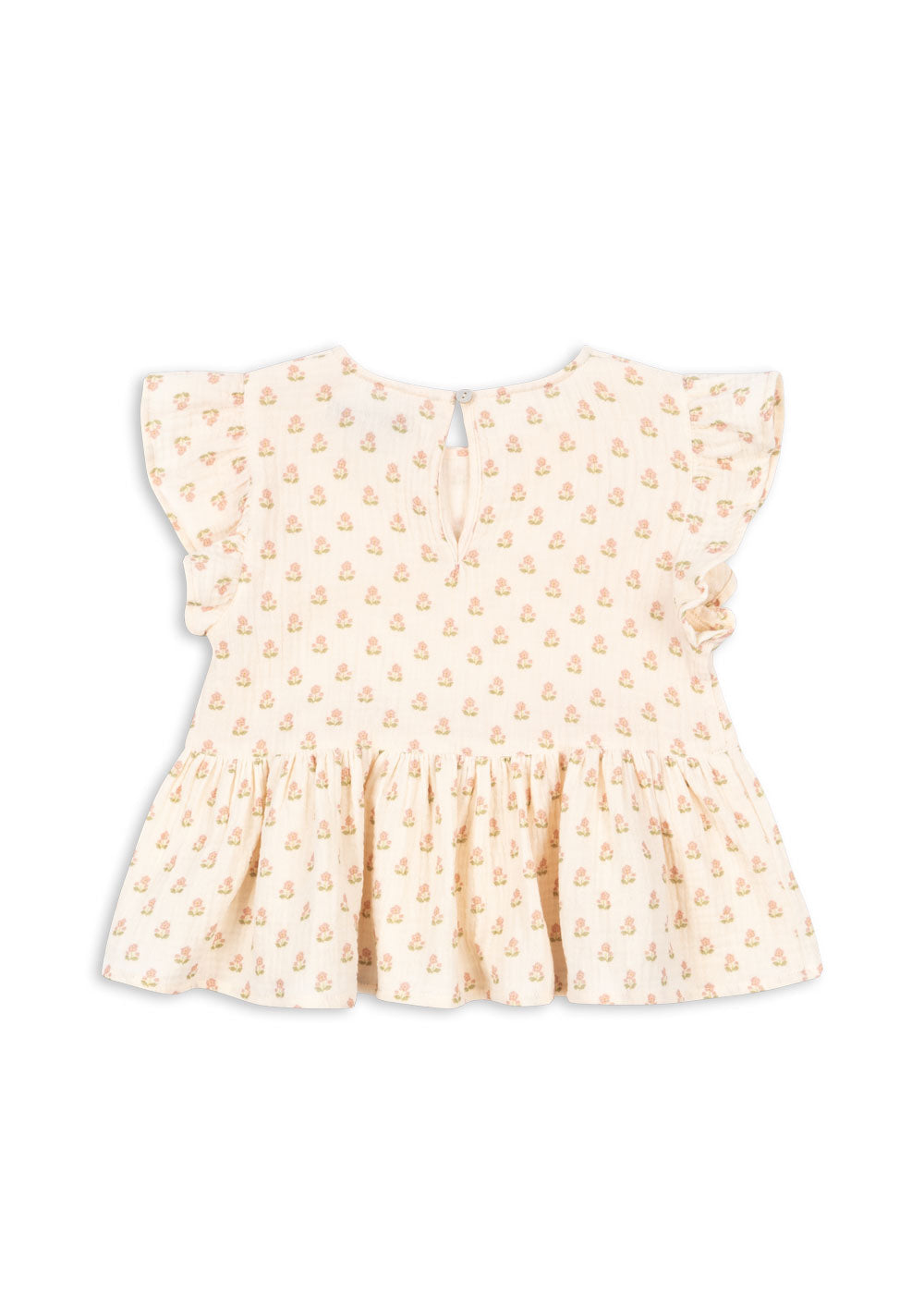 The Konges Slojd Baby Girls’ and Girls’ Coco Top is a light cream blouse featuring a charming small floral print, flutter sleeves, a ruffled peplum silhouette hem, and a back button keyhole closure, displayed flat on a white background.