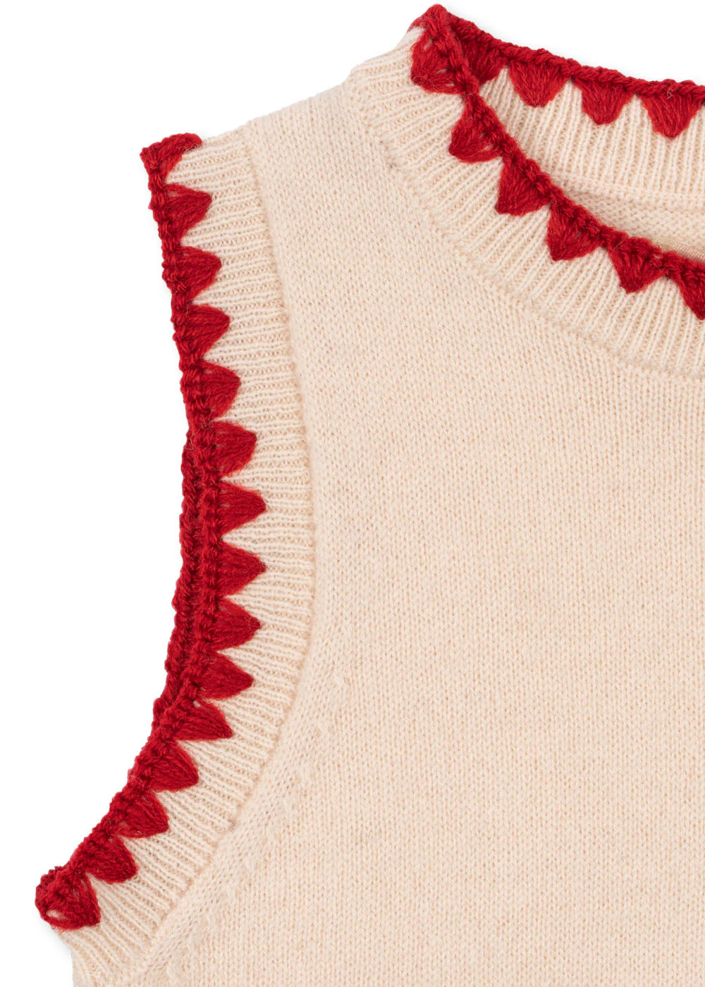 The Girls' Collette Dress by Konges Slojd is a beige knit sleeveless dress with red scalloped trim, a fitted silhouette, and delightful strawberry embroidery.