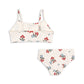 The Girls’ Frago Bikini by Konges Slojd is a cream-colored underwear set for girls featuring a charming floral and cherry print. This comfortable set includes a camisole top with thin straps and matching briefs, adorned with subtle bow details for added charm.