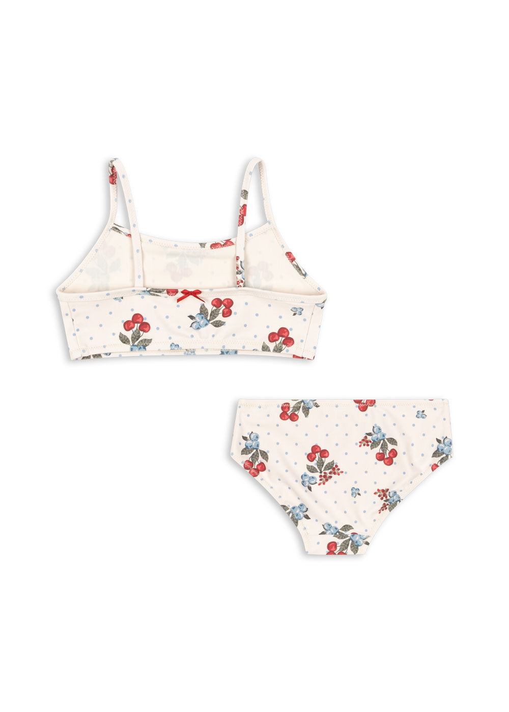 The Girls’ Frago Bikini by Konges Slojd is a cream-colored underwear set for girls featuring a charming floral and cherry print. This comfortable set includes a camisole top with thin straps and matching briefs, adorned with subtle bow details for added charm.