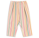 The Konges Slojd Baby Girls’ and Girls’ Frankie Pants, made from organic cotton twill, feature an elastic waistband and vertical pastel stripes in pink, yellow, orange, green, and white. The pants are shown laid flat on a white background.
