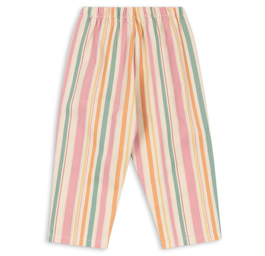The Konges Slojd Baby Girls’ and Girls’ Frankie Pants are crafted from soft organic cotton twill, featuring vertical pastel stripes in pink, yellow, green, and white. These stylish pants have a tapered leg and an elastic waistband for a comfortable fit.