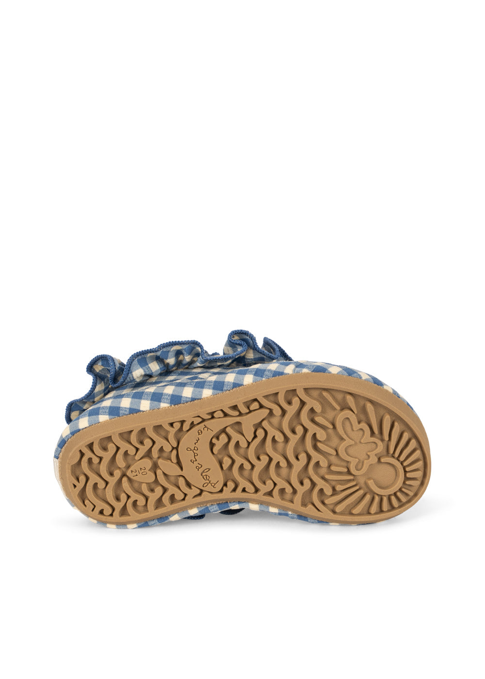 The Fresia Frill Swim Shoes by Konges Slojd are shown from the bottom, highlighting their tan rubber sole with textured patterns and engraved designs; these quick-drying blue and white gingham sandals seamlessly combine style and comfort for your next poolside adventure.