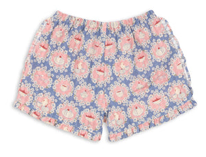 Baby girls’ and girls’ Kim Frill Shorts by Konges Slojd, featuring a light blue organic cotton fabric decorated with a pink and white cupcake print and finished with white frilled trim along the hem for breathable comfort all night long.