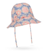 The Konges Slojd Baby Girls’ and Girls’ Kim Sun Hat, made from organic cotton in blue with a pink fox and white flower pattern, features a wide brim and chin straps, and is displayed on a white background.
