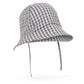 The Konges Slojd Baby Boys’ and Boys’ Sun Hat, featuring a blue and beige plaid organic cotton design with a wide brim and chin straps, is shown against a white background.