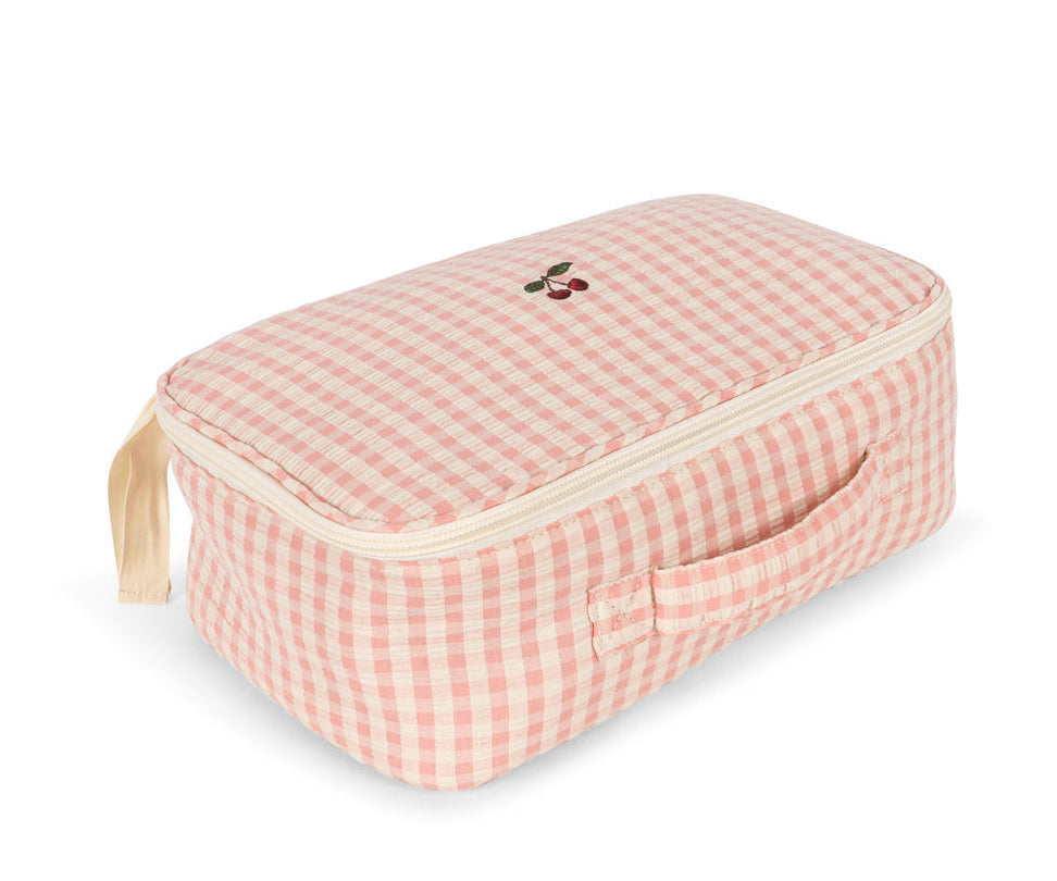 The Konges Slojd Baby Doll Nursery Suitcase is a pink and white gingham zippered pouch with a handle and cherry embroidery, ideal for accessories or your soft doll.