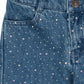 Girls’ Elba Sparkle Jeans in blue denim with a flared leg, an elastic waistband, and scattered iridescent rhinestones.