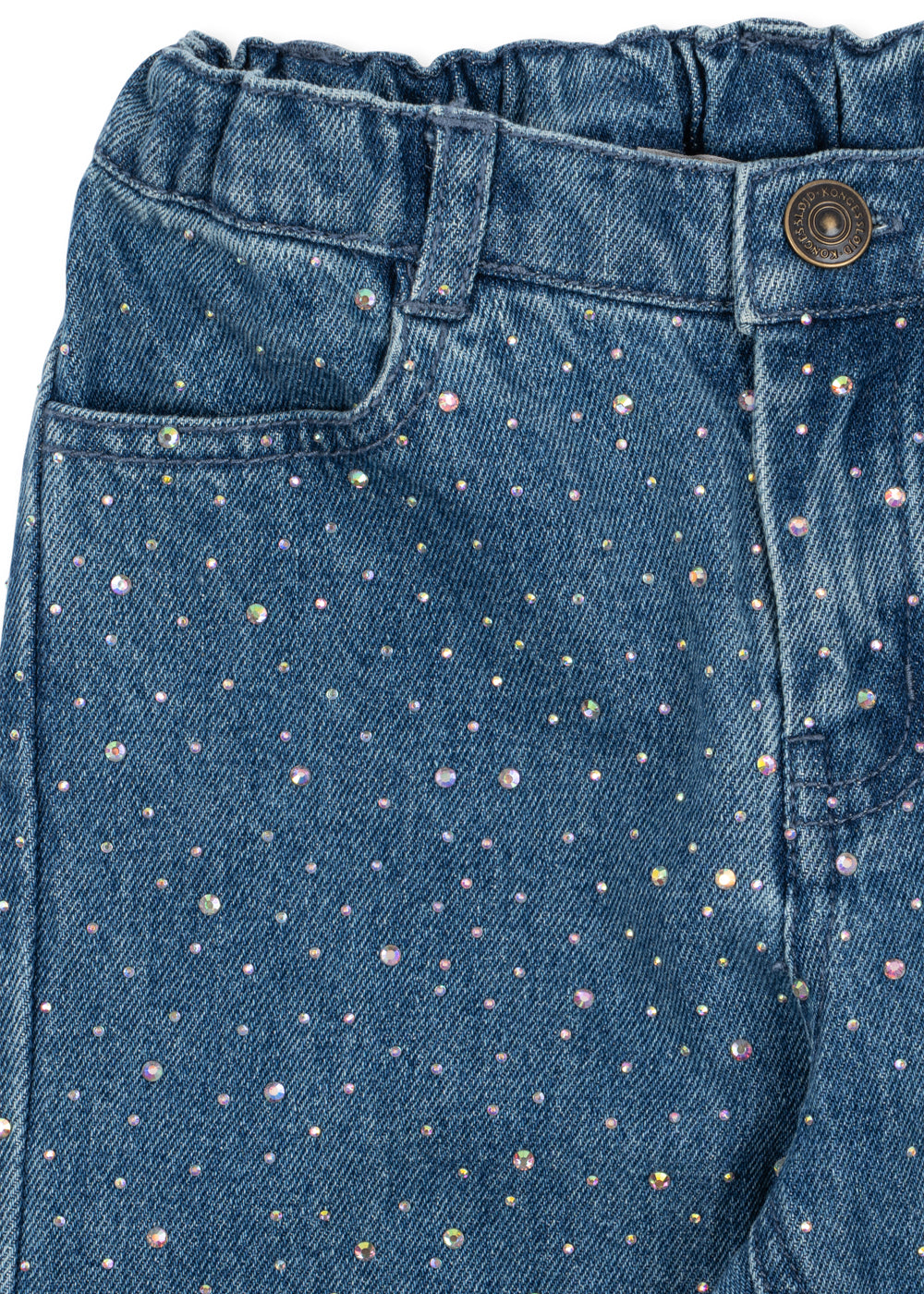 Girls’ Elba Sparkle Jeans in blue denim with a flared leg, an elastic waistband, and scattered iridescent rhinestones.