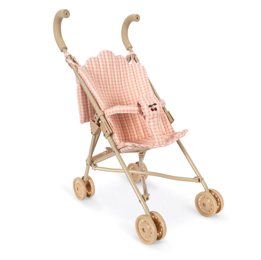 Konges Slojd Poppy Doll Stroller Set with a pink and white gingham seat featuring a small cherry embroidery.
