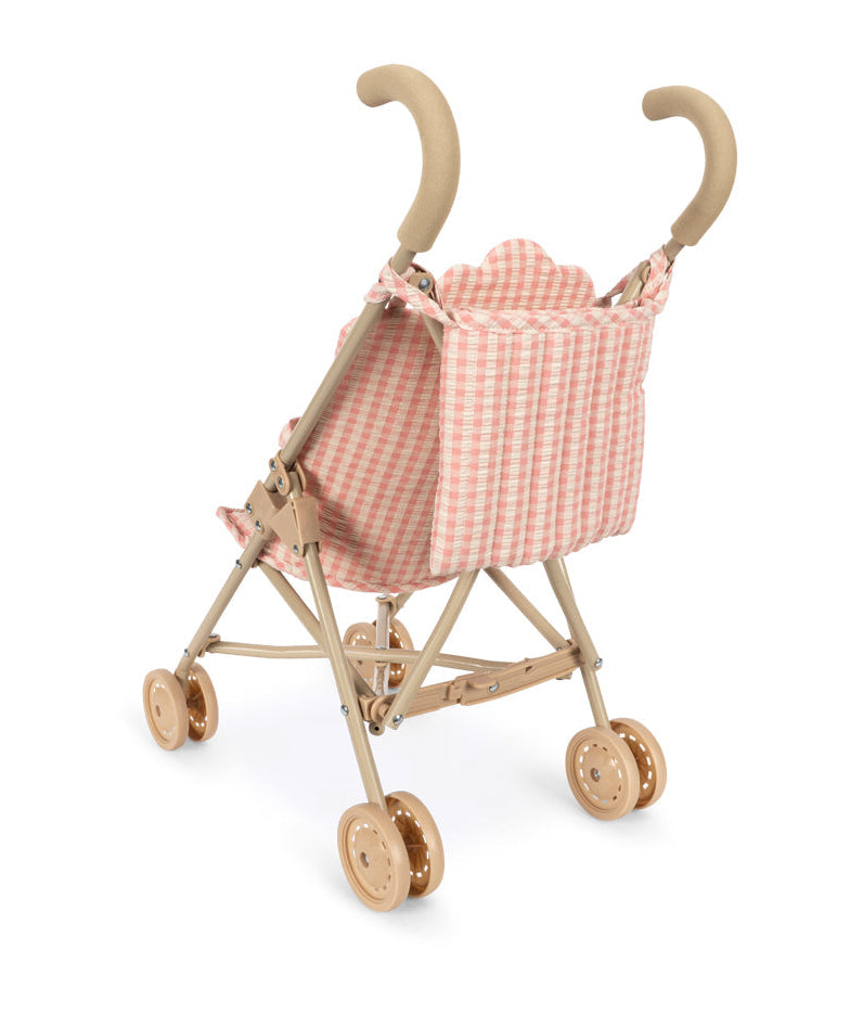 Konges Slojd Poppy Doll Stroller Set featuring a pink and white gingham seat and a beige frame.