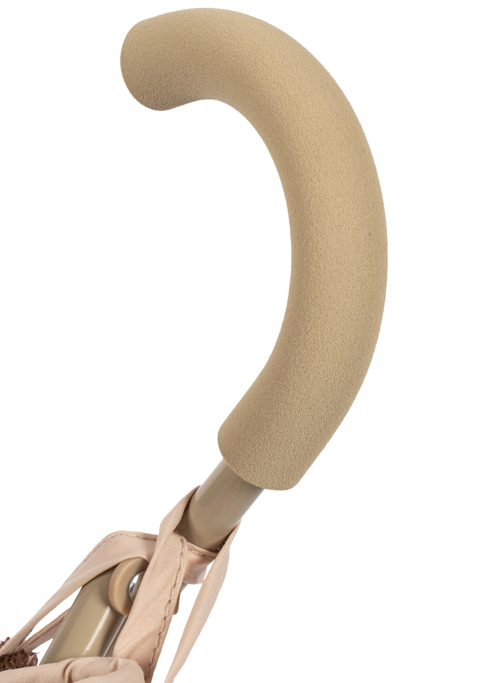Close-up of a beige, washable fabric-covered curved handle attached to a metal rod on the Konges Slojd Sparkly Doll Stroller.