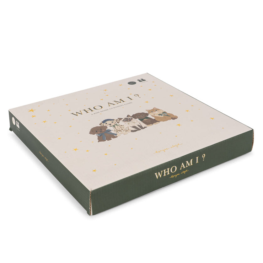 The Konges Slojd Who Am I Game comes in a square box with animal illustrations, a green border, and gold stars—ideal for fun family guessing game nights.