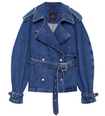The Pascale Trench by Anine Bing is a blue denim belted jacket with silver buttons, wide lapels, and adjustable sleeve cuffs, shown laid flat on a white background.