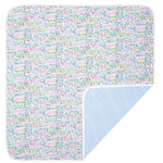 The Joy Street Palm Beach Baby Blanket from Joy Street features Eliza's Palm Beach print with whimsical animals on one side and blue stripes on the other.