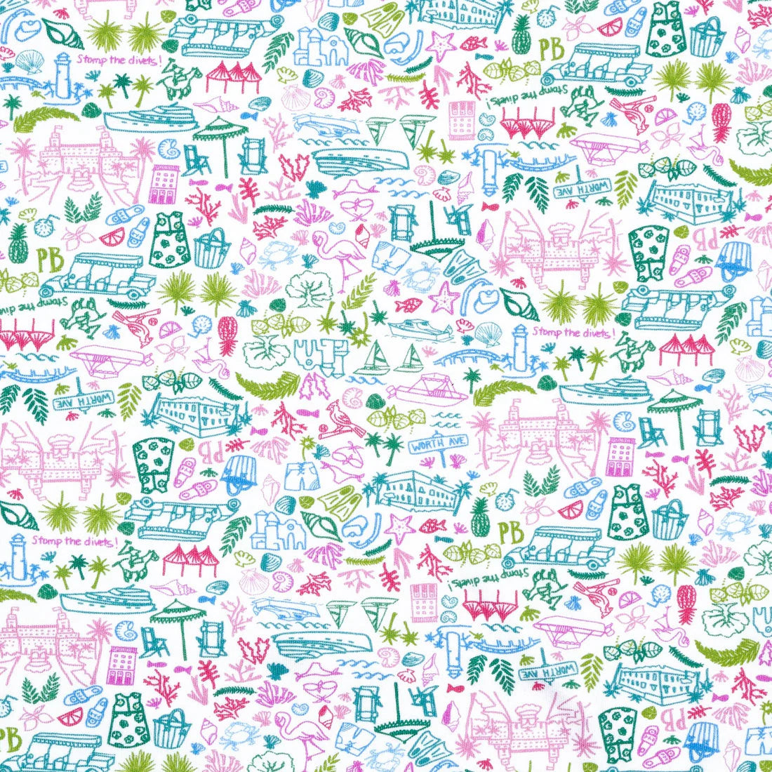 The Joy Street Palm Beach Baby Blanket features a vibrant pattern with surfboards, flowers, boats, pineapples, and tropical motifs in pink, green, and blue.