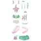 Assorted pastel plastic playset pieces—including rooftops, stairs, vines, and platforms inspired by flower-themed furniture from the Fairytale Tower by Calico Critters—are arranged vertically against a white background.