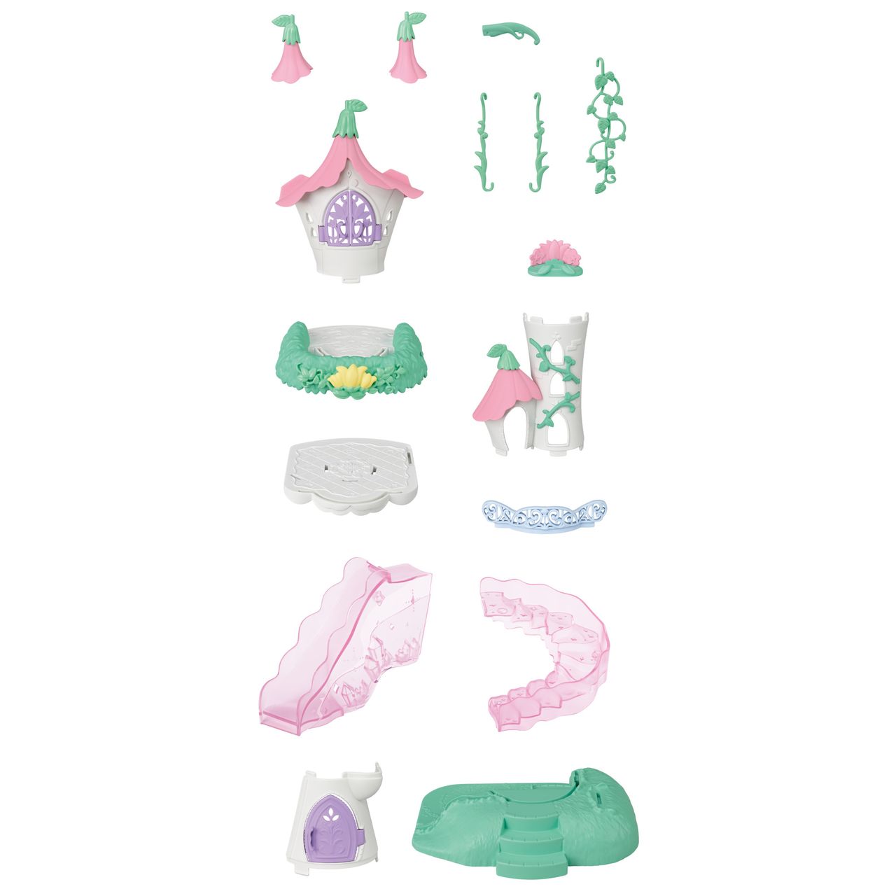 Assorted pastel plastic playset pieces—including rooftops, stairs, vines, and platforms inspired by flower-themed furniture from the Fairytale Tower by Calico Critters—are arranged vertically against a white background.