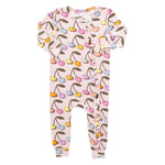 The Pink Chicken Baby Ruffle Bamboo Romper in cloud pink cherry features colorful patterns, playful ruffles along the snap-button front, and is crafted from soft bamboo for comfort.