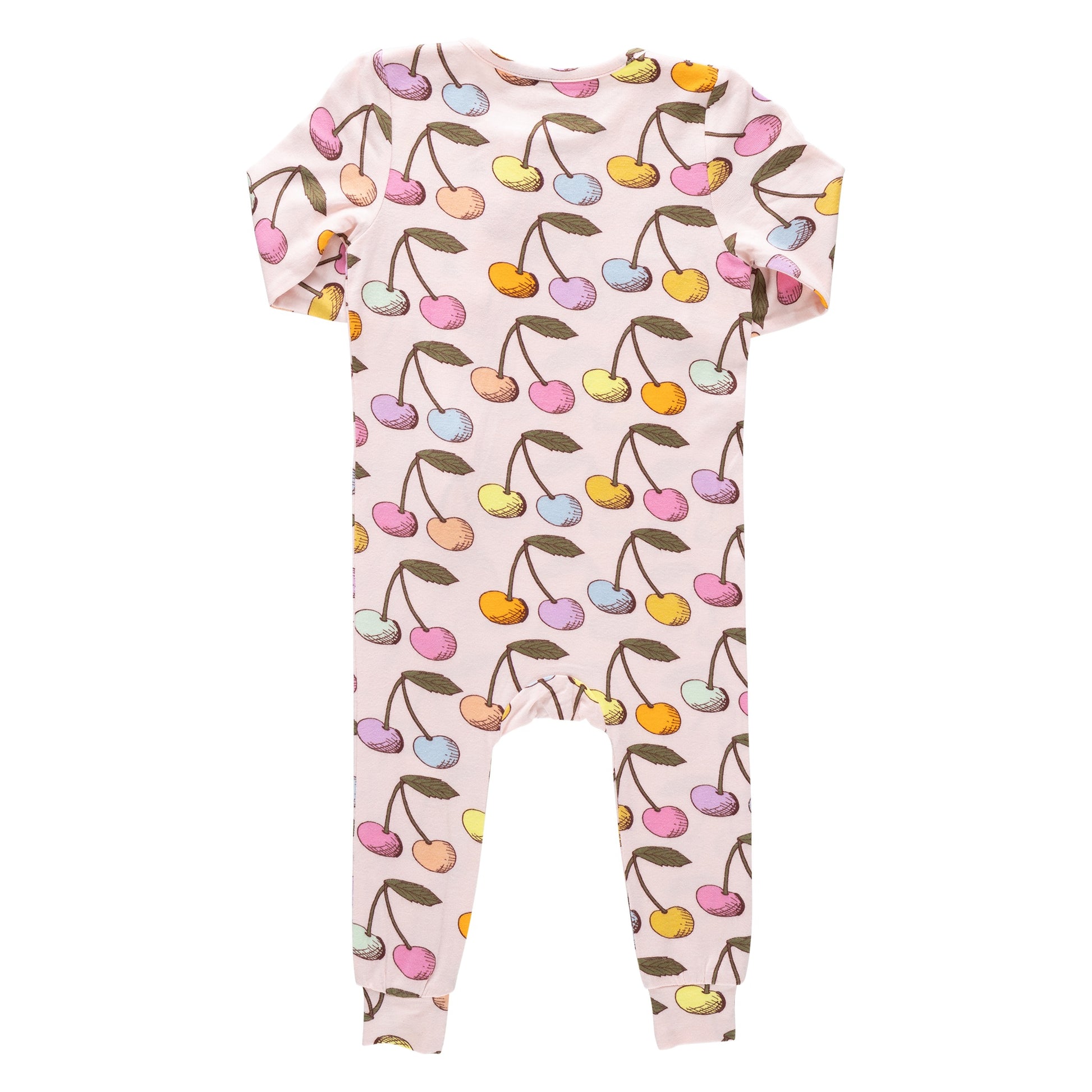 The Pink Chicken Baby Ruffle Bamboo Romper in cloud pink features an all-over cherry print with brown stems and cute long sleeves.