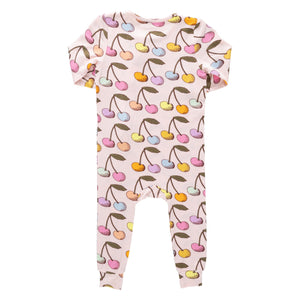 The Pink Chicken Baby Ruffle Bamboo Romper in cloud pink features an all-over cherry print with brown stems and cute long sleeves.