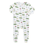 The Pink Chicken Baby Bamboo Romper is an ultra-soft, white onesie made from bamboo fabric, featuring a zipper and a playful Cream Golf Tournament print with green patches, flags, and golf balls.