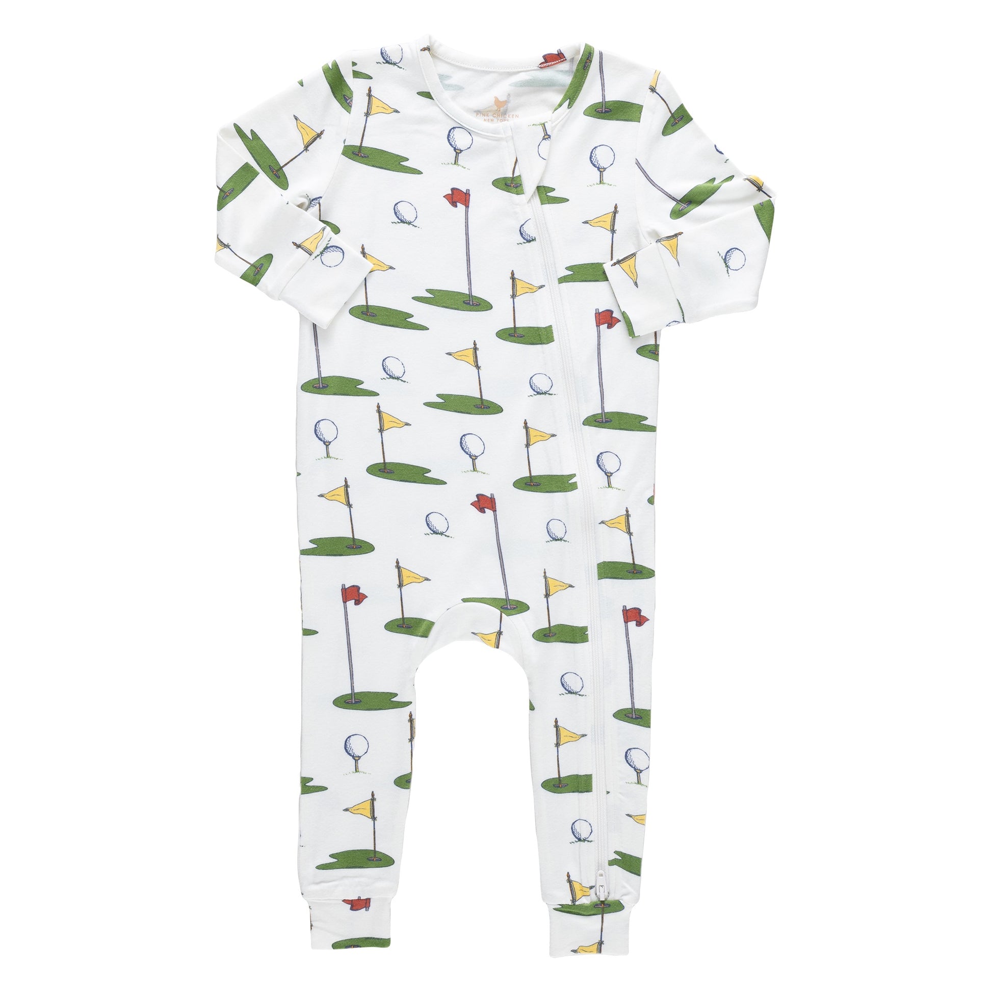 The Pink Chicken Baby Bamboo Romper is an ultra-soft, white onesie made from bamboo fabric, featuring a zipper and a playful Cream Golf Tournament print with green patches, flags, and golf balls.
