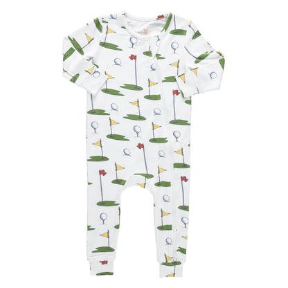 The Pink Chicken Baby Bamboo Romper is an ultra-soft, white onesie made from bamboo fabric, featuring a zipper and a playful Cream Golf Tournament print with green patches, flags, and golf balls.