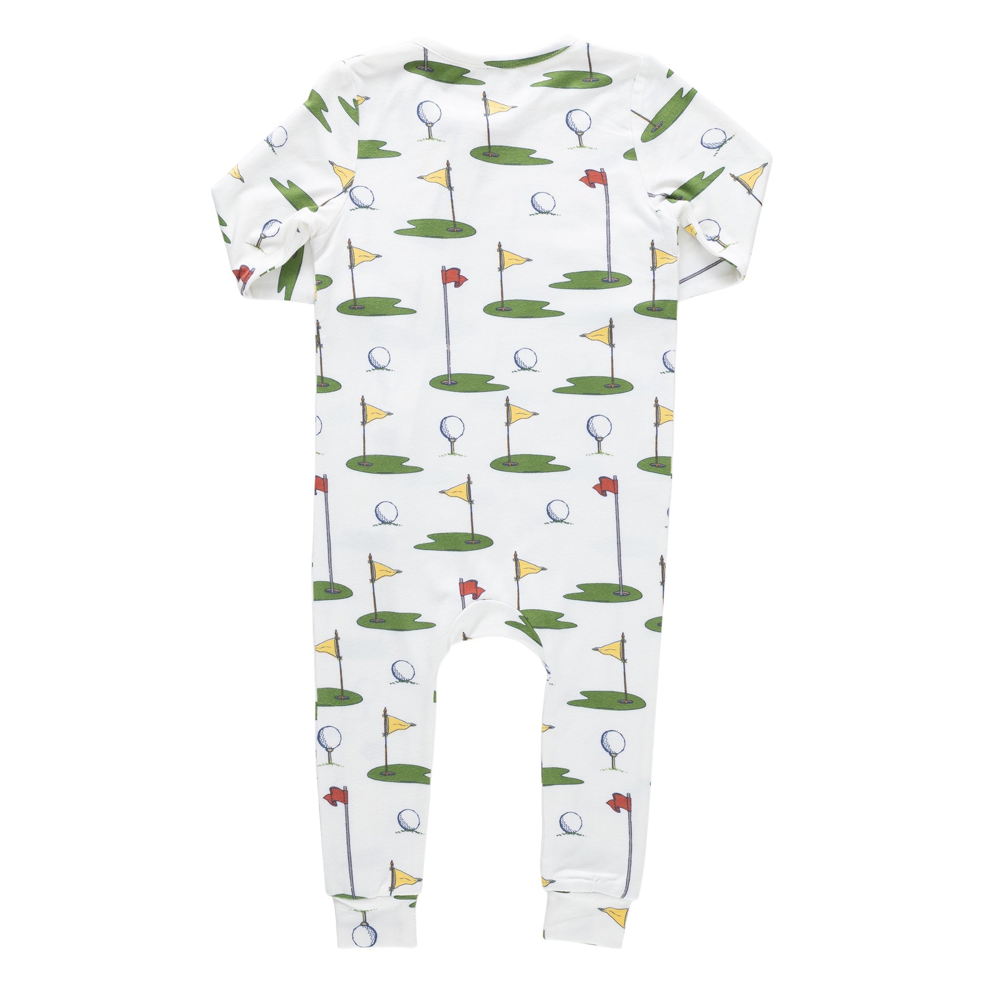 The Pink Chicken Baby Bamboo Romper is made from ultra-soft bamboo fabric and features a Cream Golf Tournament print with green putting greens, colorful flags, and golf balls.