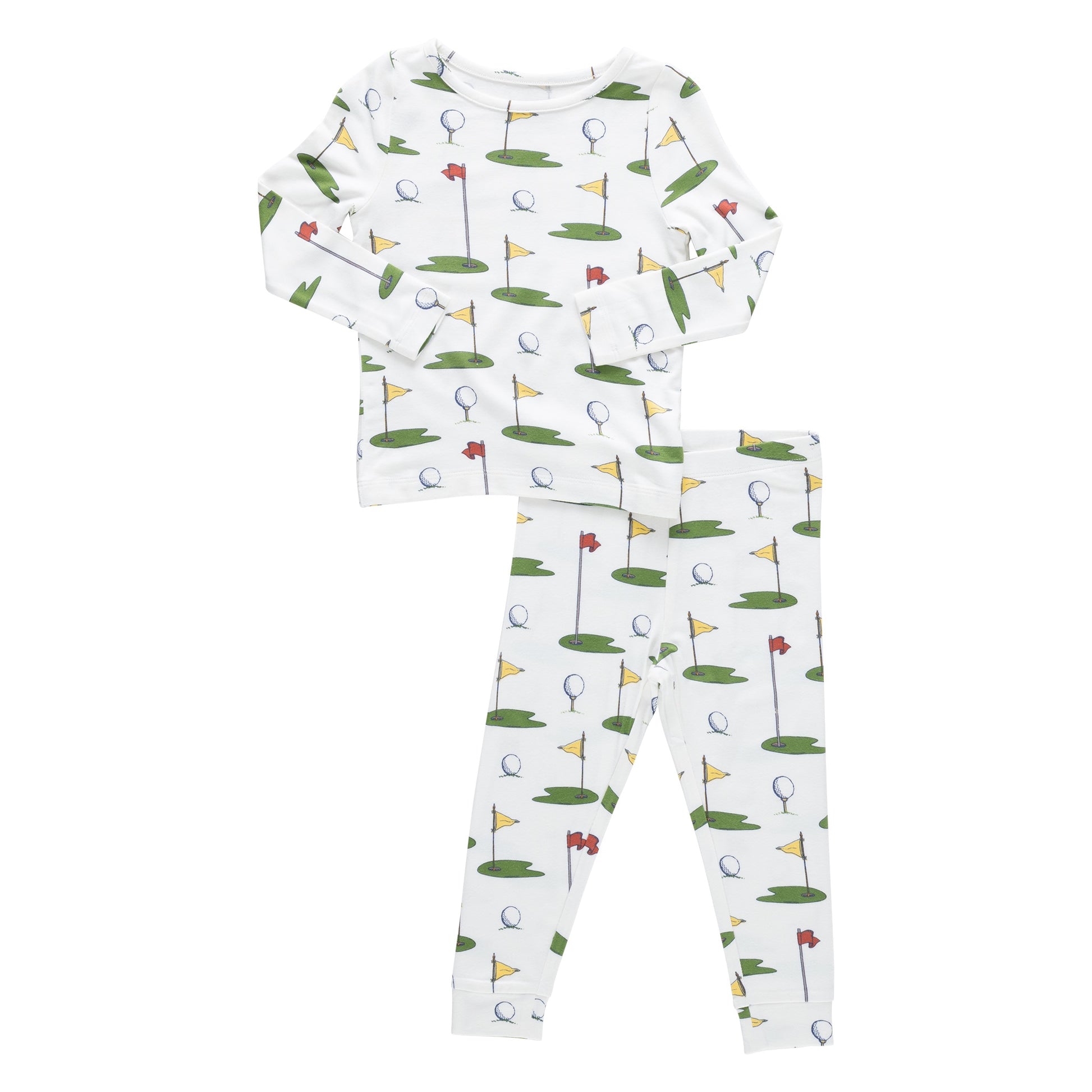 The Pink Chicken Kids' Bamboo PJ Set features white long-sleeve pajamas with a golf-themed print of flags, golf balls, and putting greens for cozy comfort.