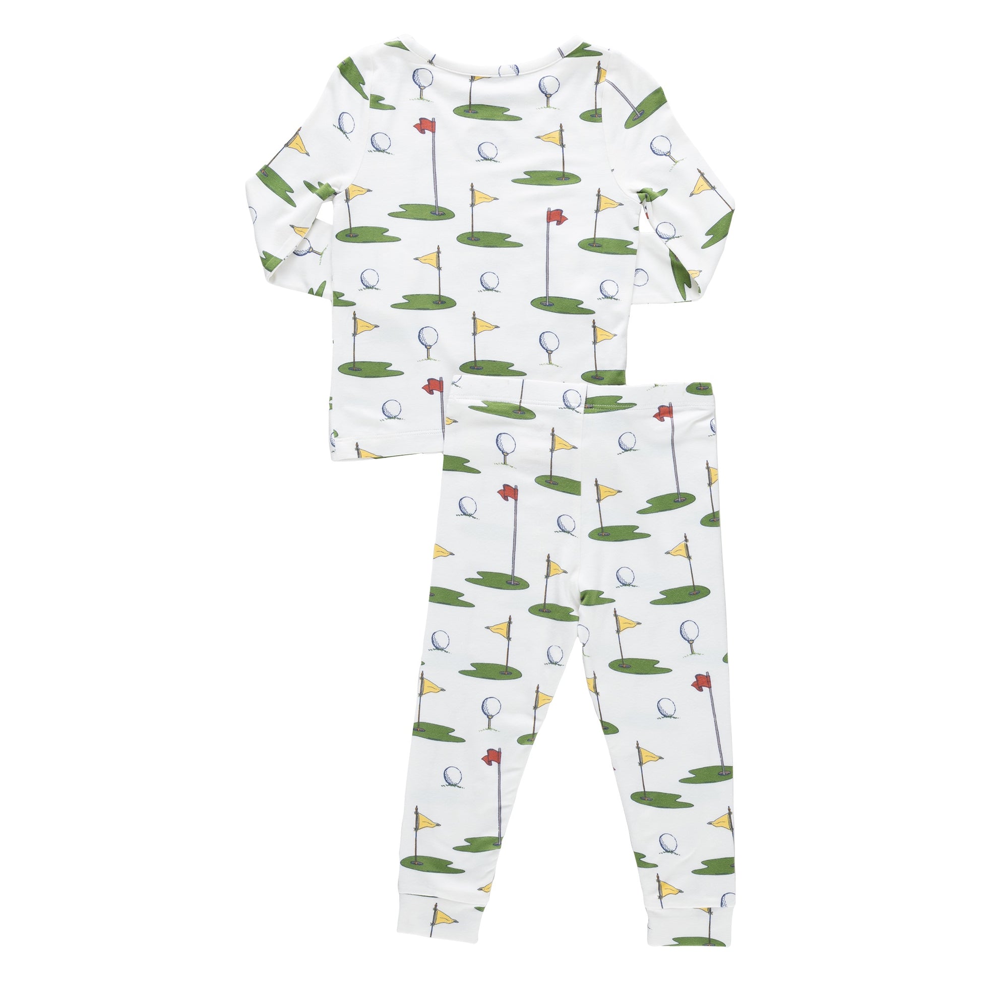 The Pink Chicken Kids' Bamboo PJ Set features long sleeves and pants with a playful golf-themed pattern on a white background—these ultra-soft bamboo pajamas are perfect for keeping your child cozy all night.
