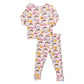 The Pink Chicken Kids' Bamboo PJ Set features long sleeves and pants in a Cloud Pink Cherry print, made from soft bamboo fabric with a colorful cherry pattern.