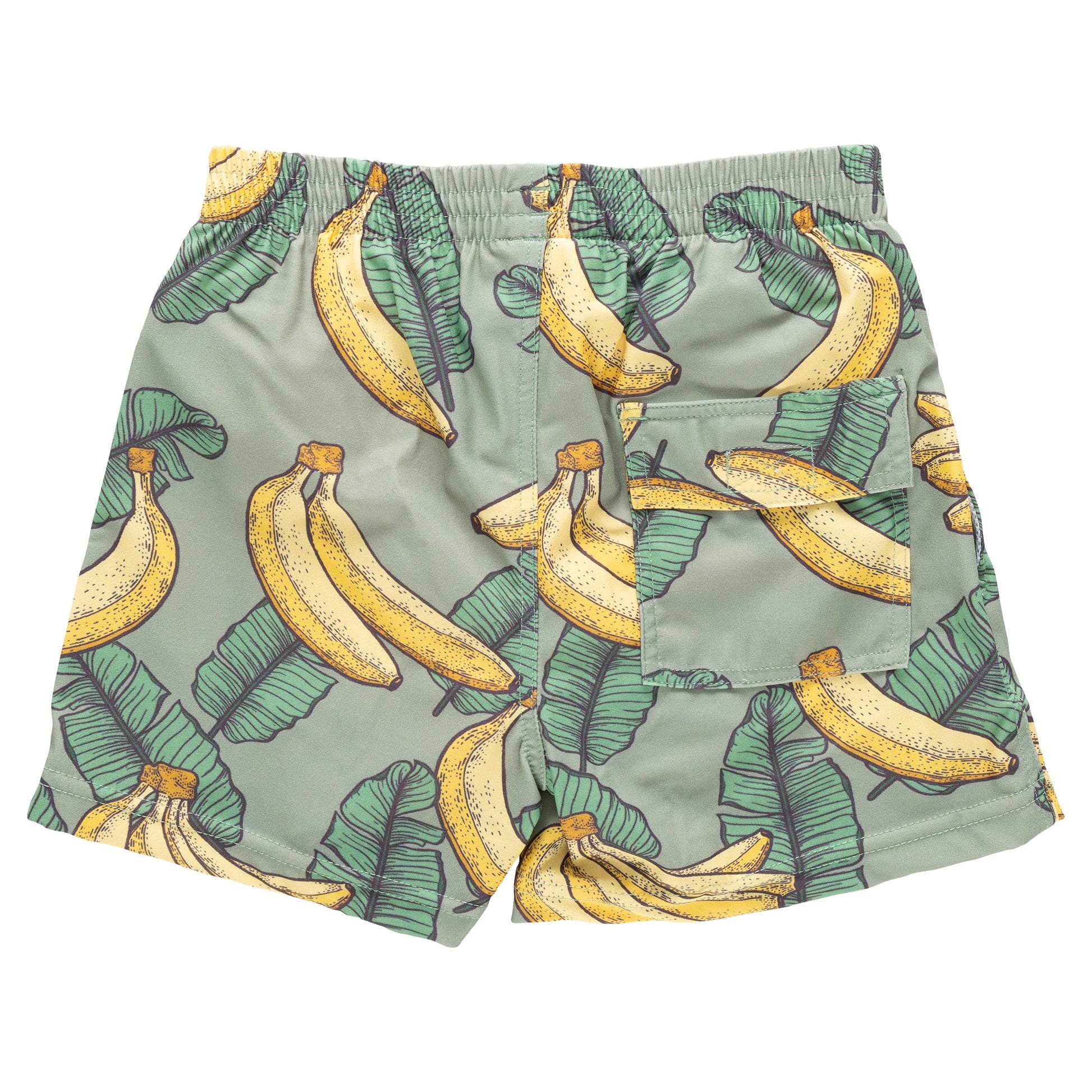 Pink Chicken Boys' Swim Trunks feature a vibrant green banana leaves and banana print, an elastic waistband, and a convenient back pocket.