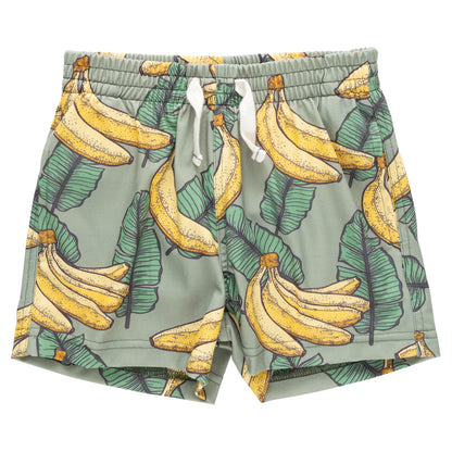 Pink Chicken Boys' Swim Trunks with elastic waistband and drawstring, featuring a fun yellow banana and green leaf pattern.