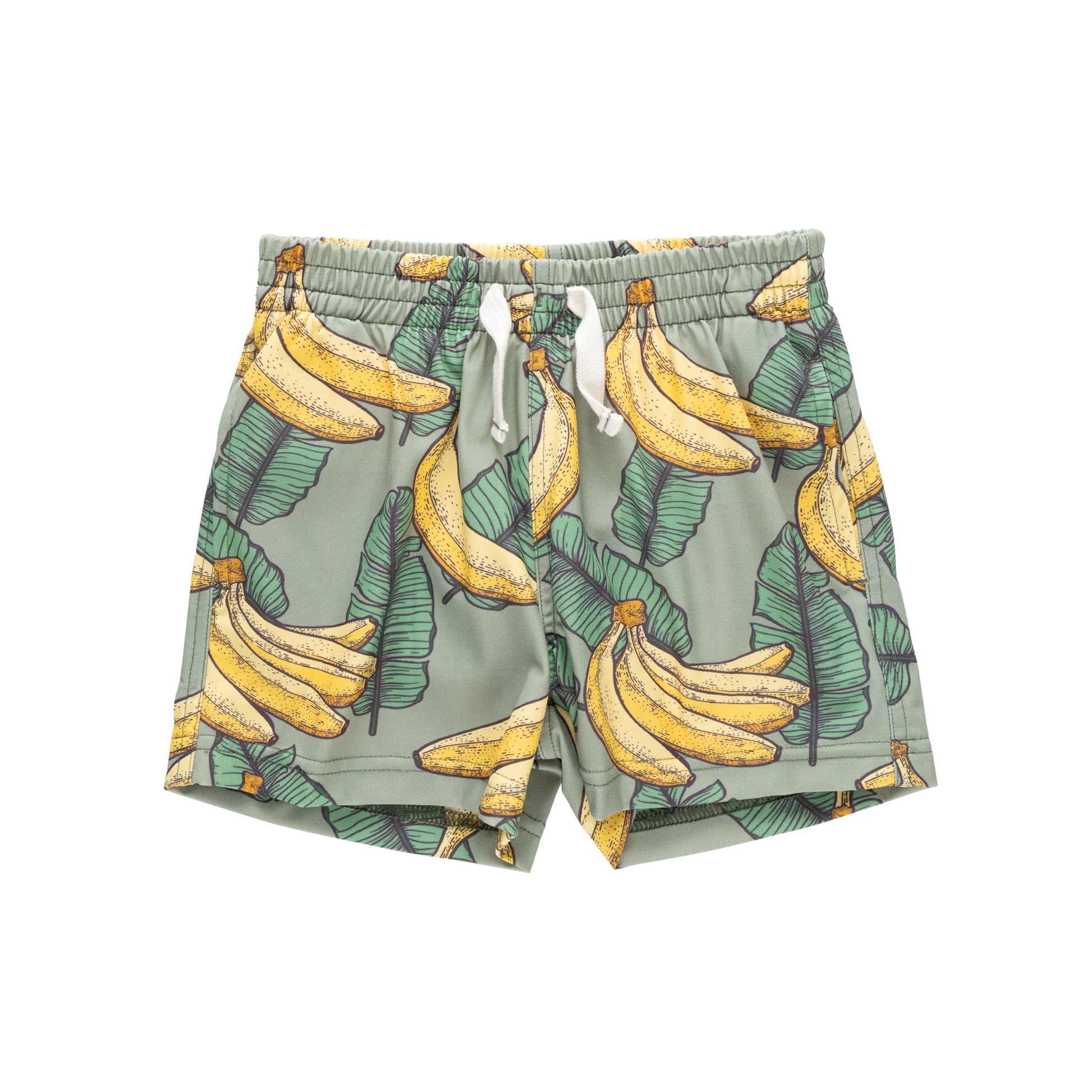 The Pink Chicken Baby Boys' Swim Trunk features an elastic waist and a fun yellow banana and green leaf pattern—ideal for your little one’s next beach vacation.