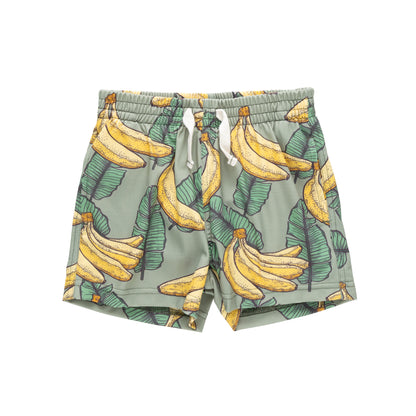 The Pink Chicken Baby Boys' Swim Trunk features an elastic waist and a fun yellow banana and green leaf pattern—ideal for your little one’s next beach vacation.
