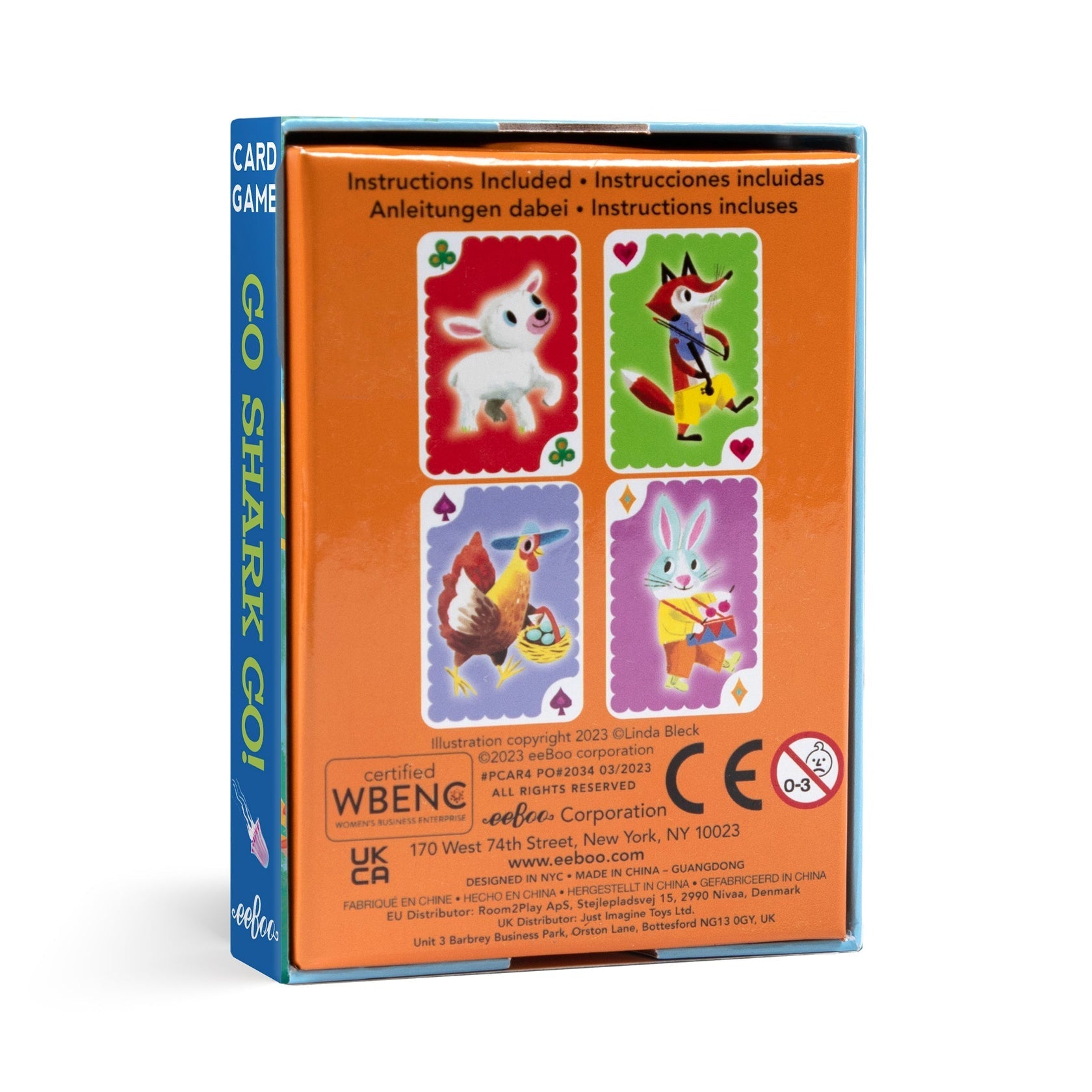 The back of the Eeboo Animal Rummy Playing Cards box displays vibrant illustrations of animals and mentions that instructions are included. Embellished with a vintage design, the box also highlights various certifications, making it a charming addition to any collection.