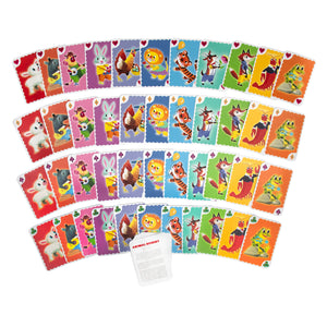 Five rows of colorful Animal Rummy Cards by Eeboo, featuring vintage-inspired animal illustrations reminiscent of a classic children's card game, are spread out in an arc with an instruction card centered at the bottom.