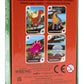 Back of the Eeboo Dinosaur Rummy Playing Cards deck box showing four illustrated dinosaurs—Velociraptor, Diamantinasaurus, Stegosaurus, and Dimetrodon—plus product info and family-friendly instructions in multiple languages.