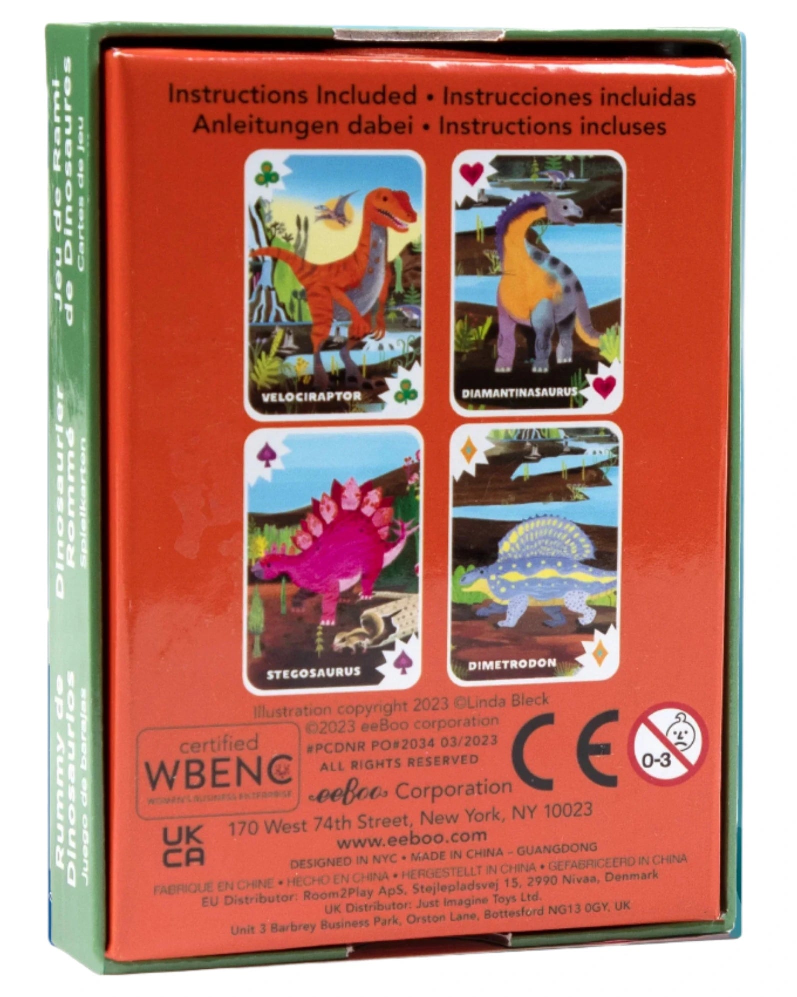 Back of the Eeboo Dinosaur Rummy Playing Cards deck box showing four illustrated dinosaurs—Velociraptor, Diamantinasaurus, Stegosaurus, and Dimetrodon—plus product info and family-friendly instructions in multiple languages.