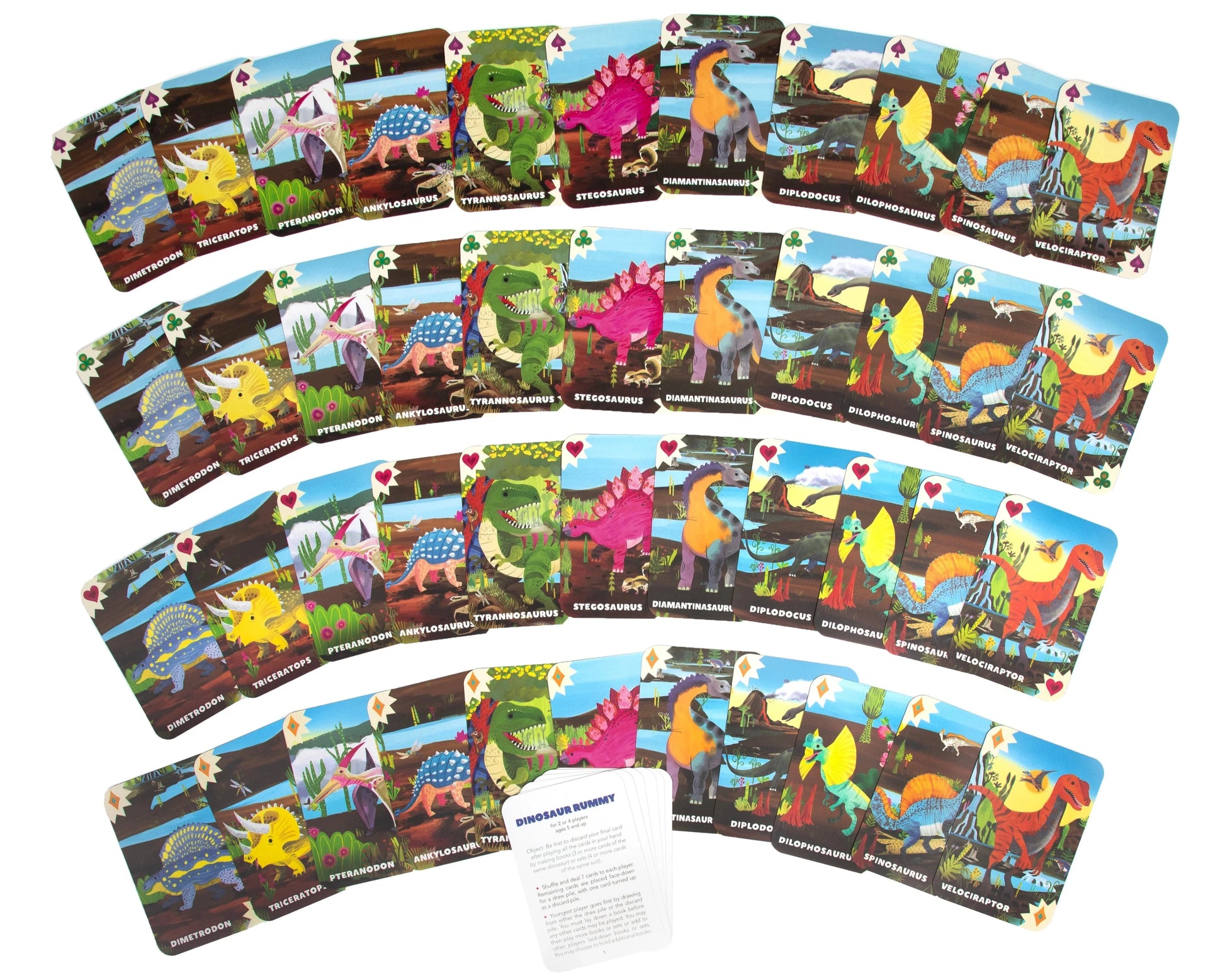Eeboo’s Dinosaur Rummy Playing Cards is a family-friendly game featuring colorful, illustrated dinosaurs arranged in four curved rows, plus an instructions card—perfect for enjoying a fun round of Dinosaur Rummy together.